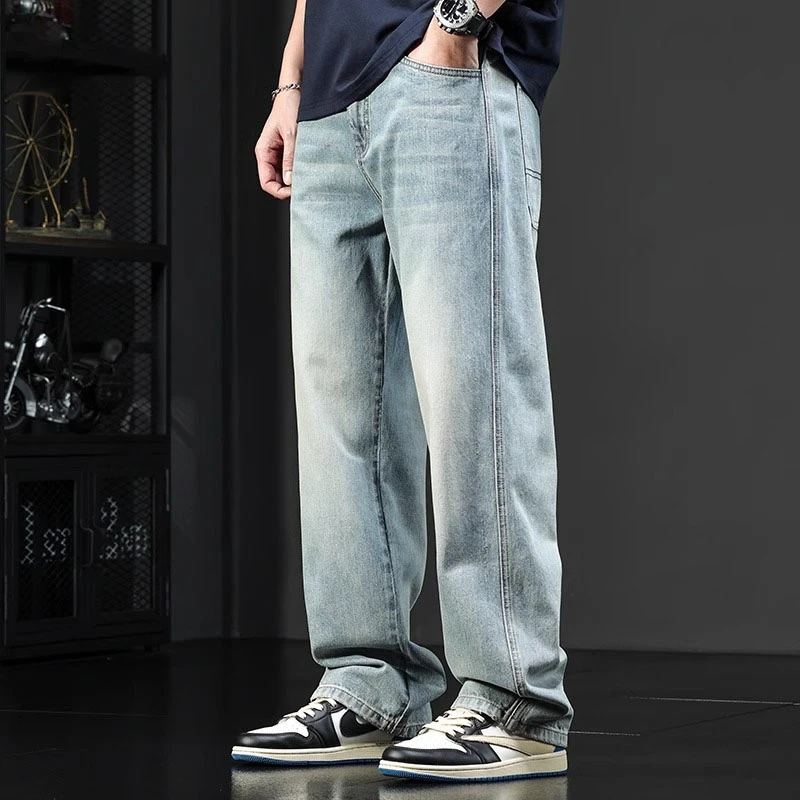 Cebrodz高街美式复古水洗牛仔裤男宽松直筒hiphop垂感设计感长裤
