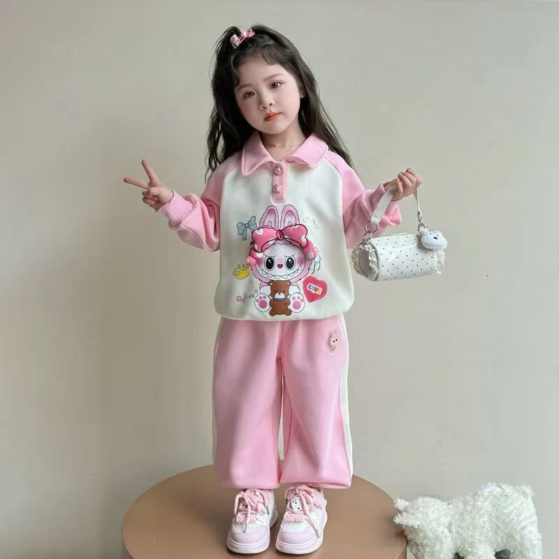 2025新款儿童套装春秋款女童休闲卡通拉布卫衣宝宝洋气韩版两件套
