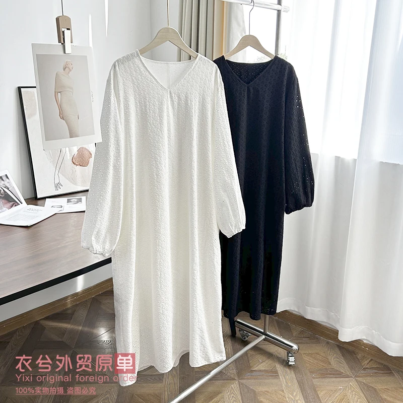 (直播刺绣镂空棉质长裙)2503-3春夏文艺百搭宽松V领长袖休闲长裙W