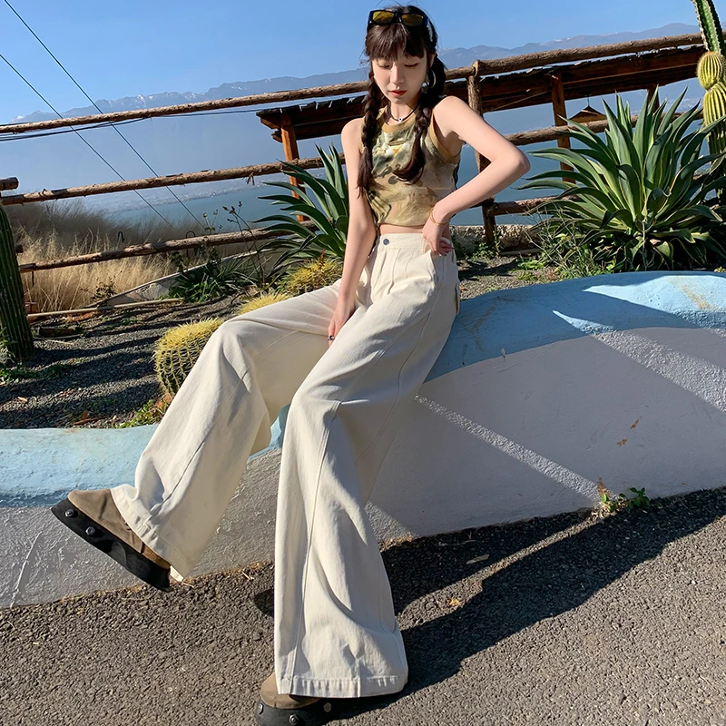 气质杏色高腰超阔腿牛仔裤女2025年秋季新款显瘦百搭牛仔拖地裤