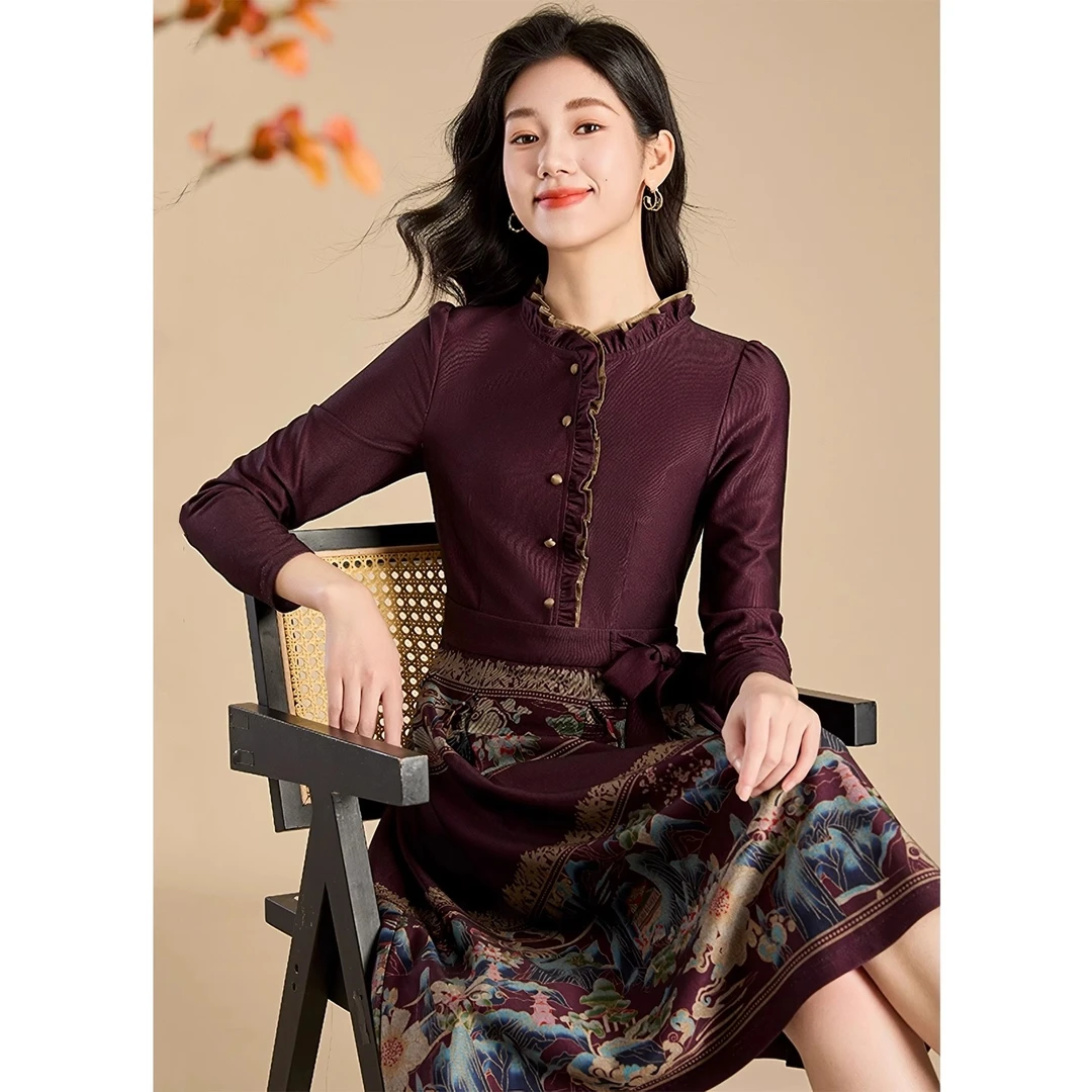拉夏贝尔新中式连衣裙女春秋2025新款长袖高档十三行小个马面裙子