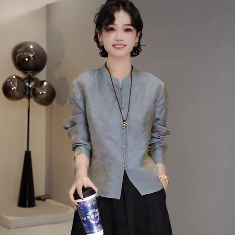 2025秋季中式新款女衬衫扣子浮光锦琉璃光泽显瘦中年妈妈装上衣