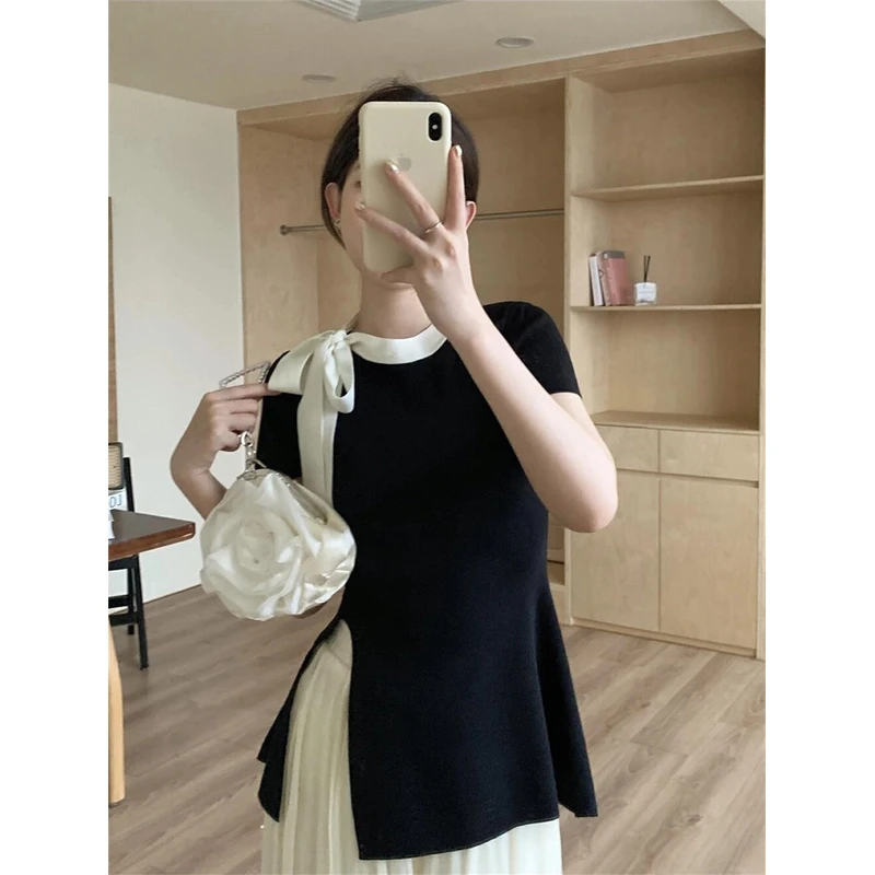 大码女装夏季新款系带蝴蝶结不规则开叉上衣夏小众针织短袖t恤女