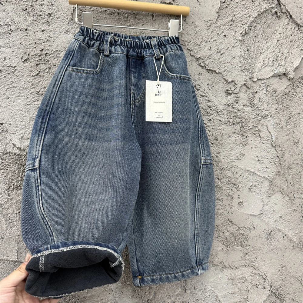 2025美式男童冬款复合一体绒加厚牛仔裤儿童复古蓝宽松保暖弯刀裤