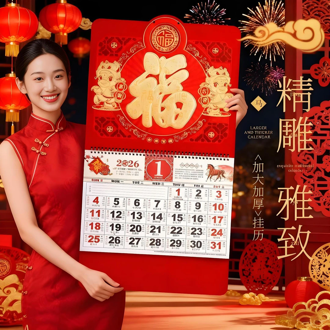 日历马年2026年新款大号挂历加厚福字年历家用挂墙壁创意日历家用