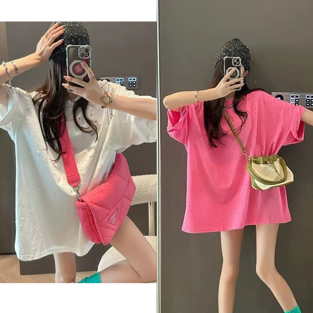 YY1758夏季新款韩版小破洞做旧宽松大版圆领短袖T恤女