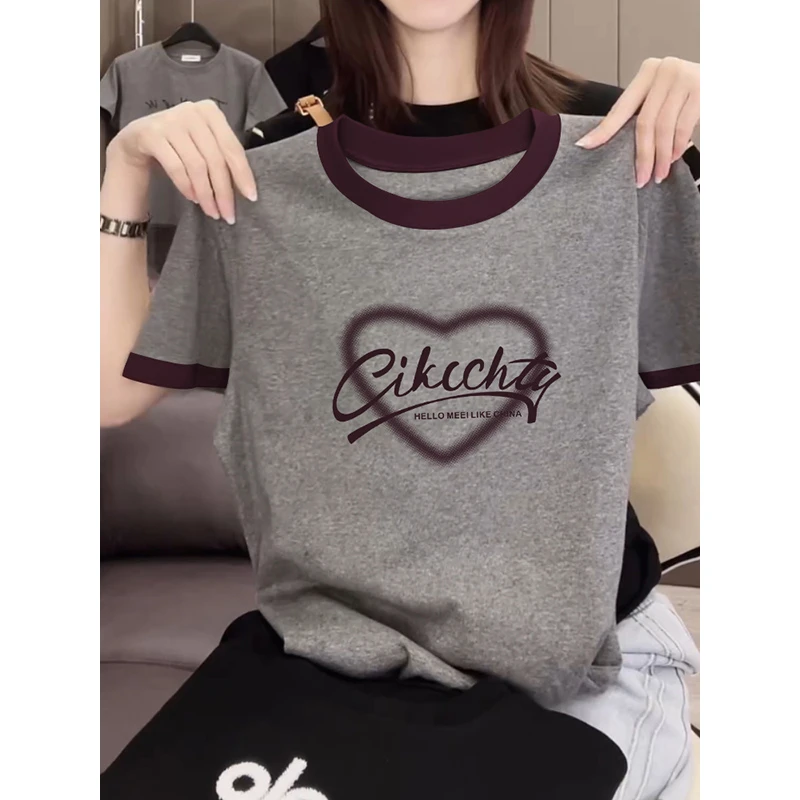 2025新款插色领口纯棉短袖t恤女时尚休闲百搭不撞款正肩上衣夏季