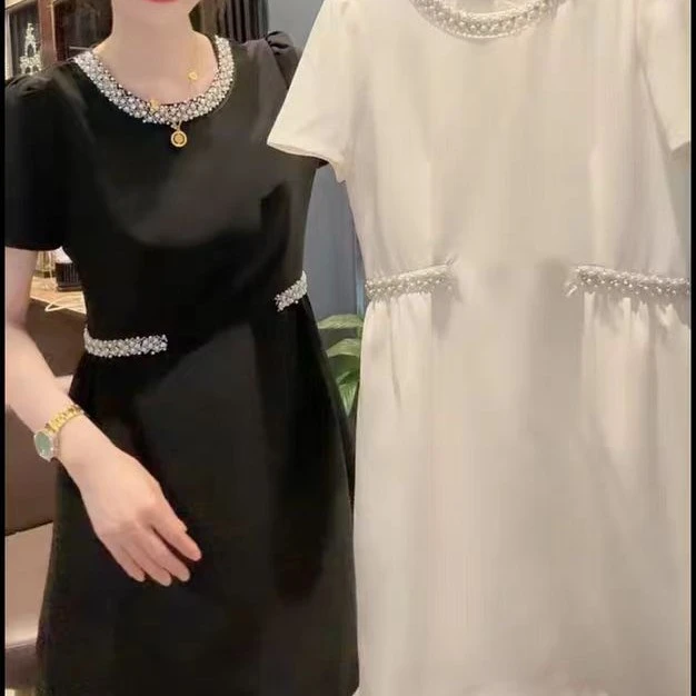 欧洲站欧洲站小香风钉珠短袖连衣裙夏气质显瘦收腰减龄a字裙8072