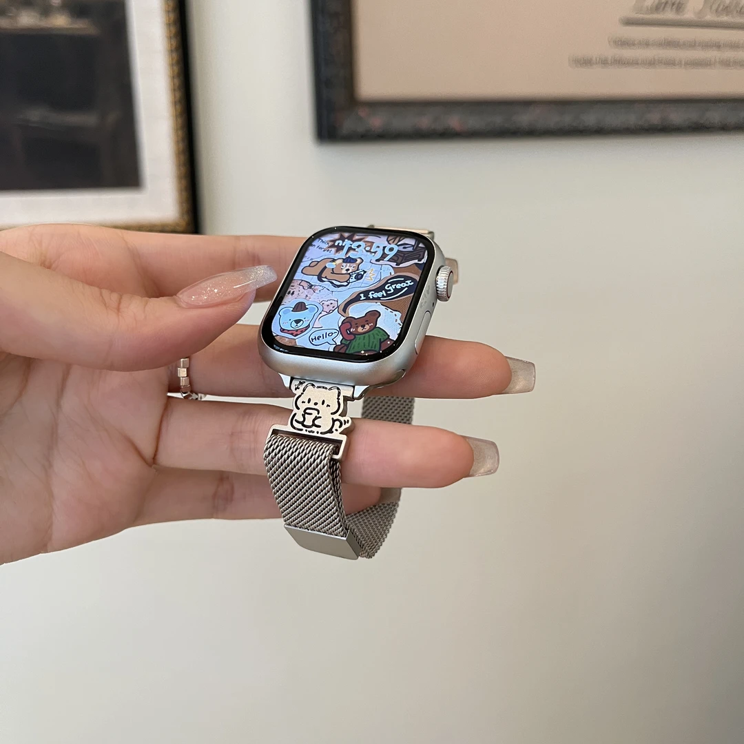 适用苹果iwatch休闲熊呆萌狗米兰表带女小米手环10华为vivogt表带