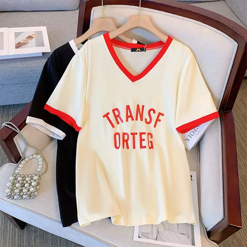 特大码孕妇装260斤宽松V领字母T恤纯棉显瘦减龄短袖上衣