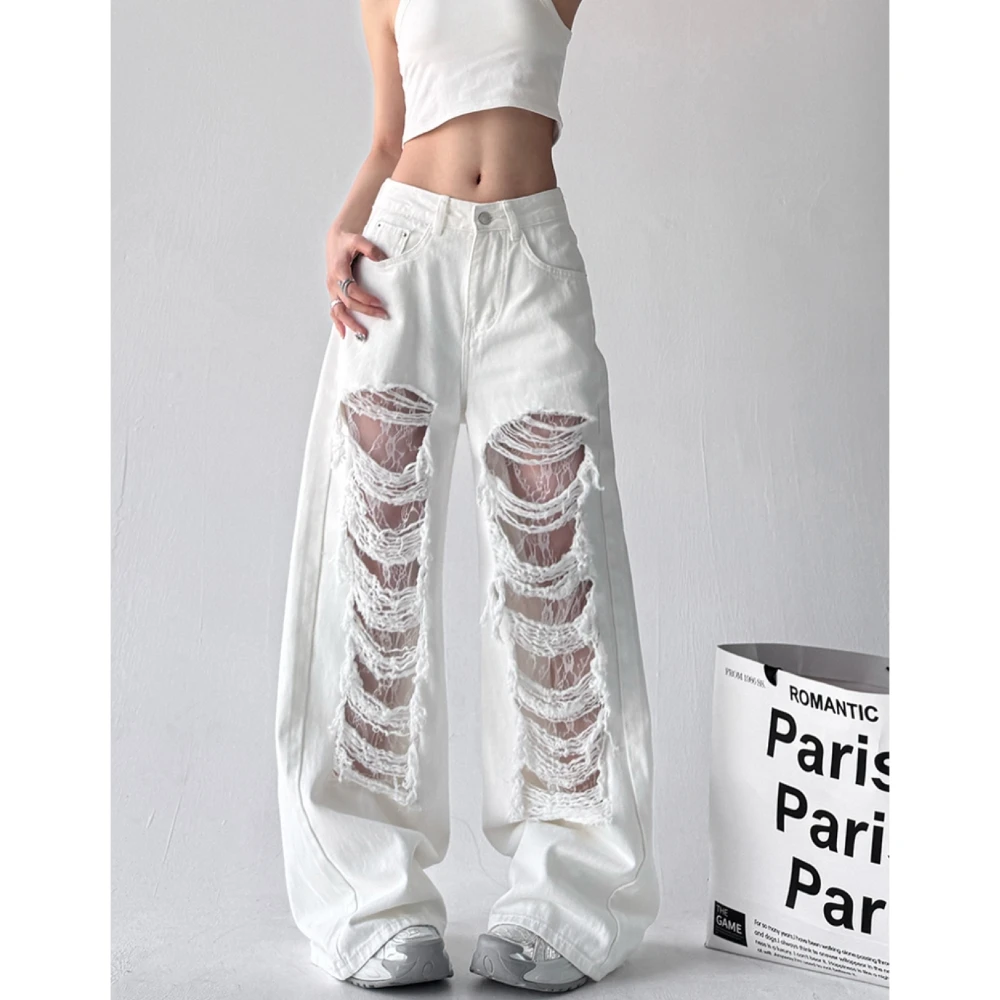 美式复古设计感直筒裤阔腿裤女春夏白色蕾丝镂空拼接破洞牛仔裤子