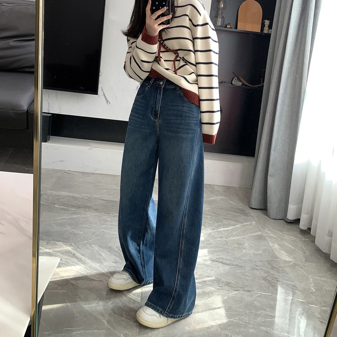 直筒牛仔裤女2025秋冬加绒新款胖mm香蕉裤弯刀裤复古拖地阔腿裤子