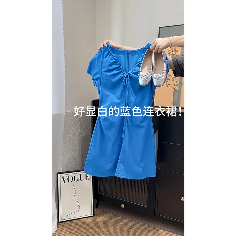 甜美温柔抽褶v领系带连衣裙女夏季新款法式气质v领收腰显瘦短裙子