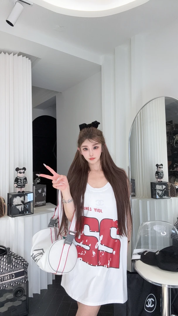 TITI.LIAO数字红色印花无袖背心女宽松大版中长款t恤洋气时尚上衣