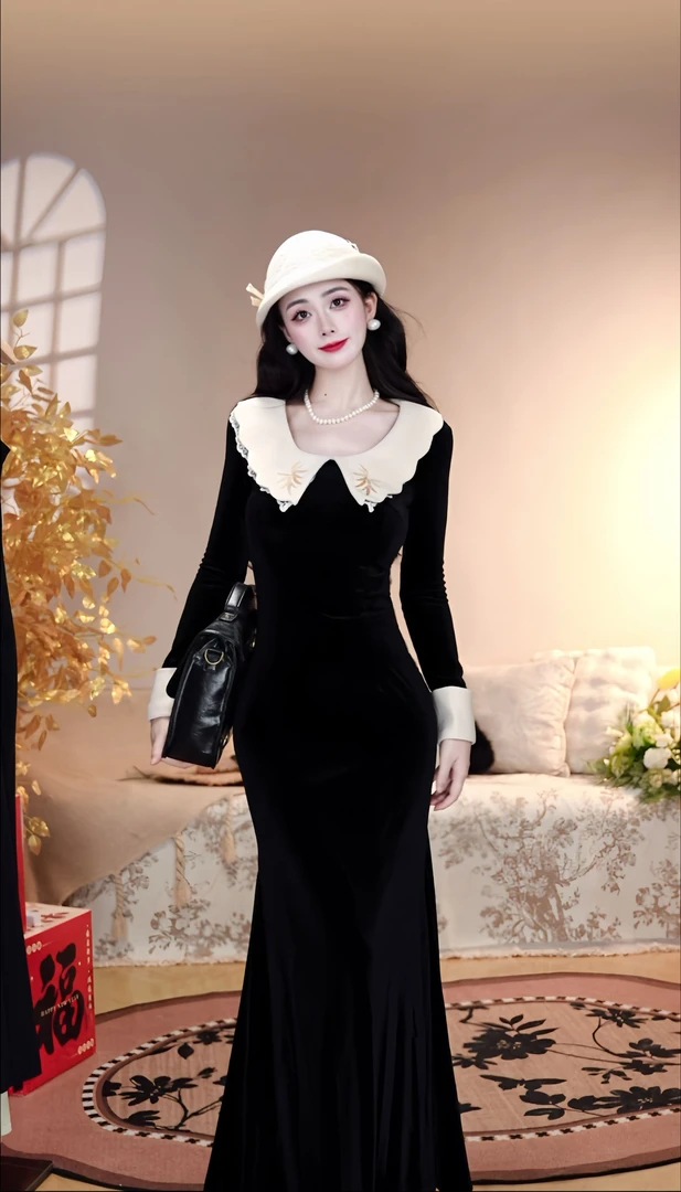 【留洋千金】潇人自制秋冬丝绒显瘦法复古浪漫鱼尾裙