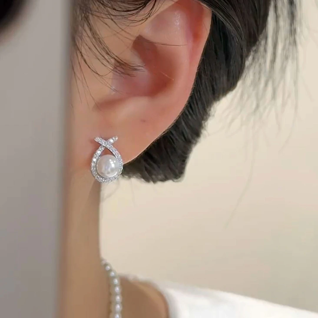 铜合金耳饰 交叉珠珠耳钉复古冷淡风气质耳环轻奢高级流行耳坠女