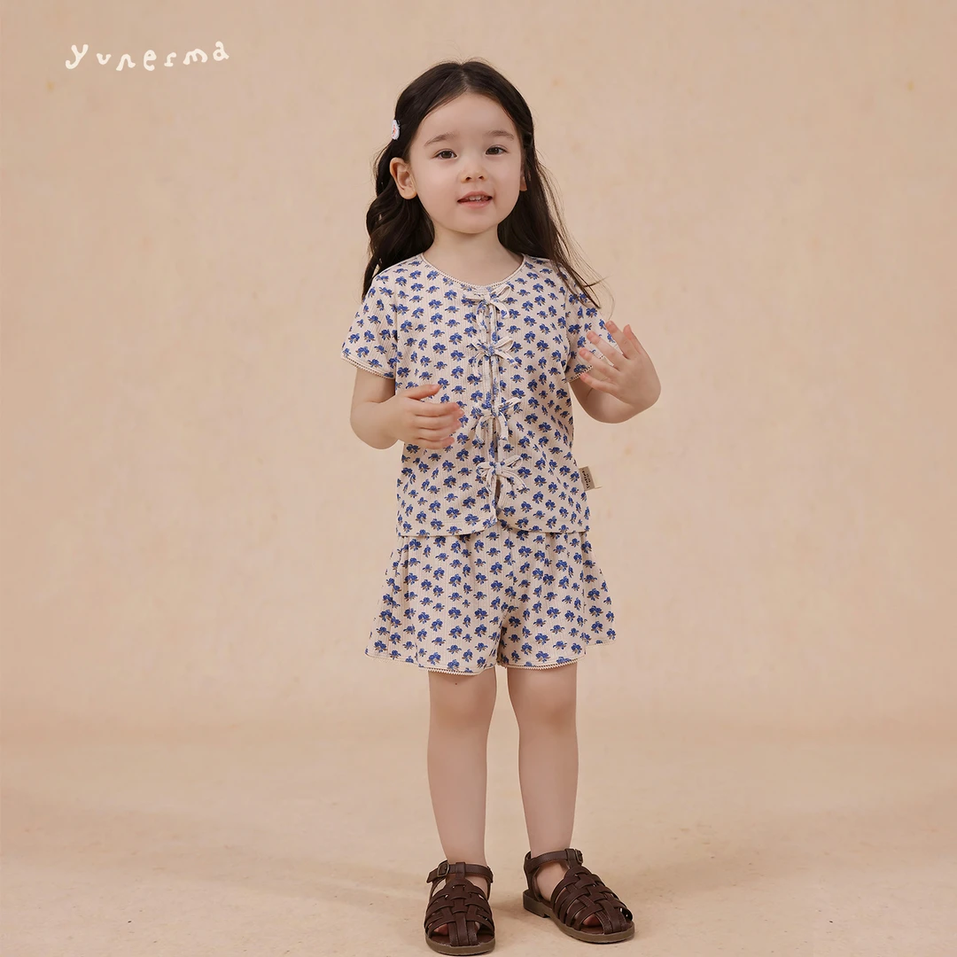 宝宝幼儿园小众复古碎花短袖短裤套装 允儿妈女童时尚T恤儿童裤子