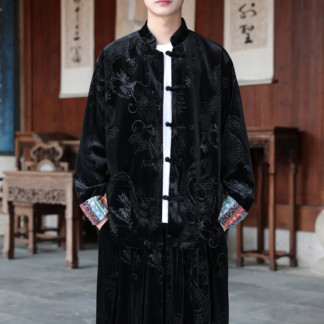 新中式民族印花金丝绒外套男中国风龙袍唐装大码宽松情侣款太极服