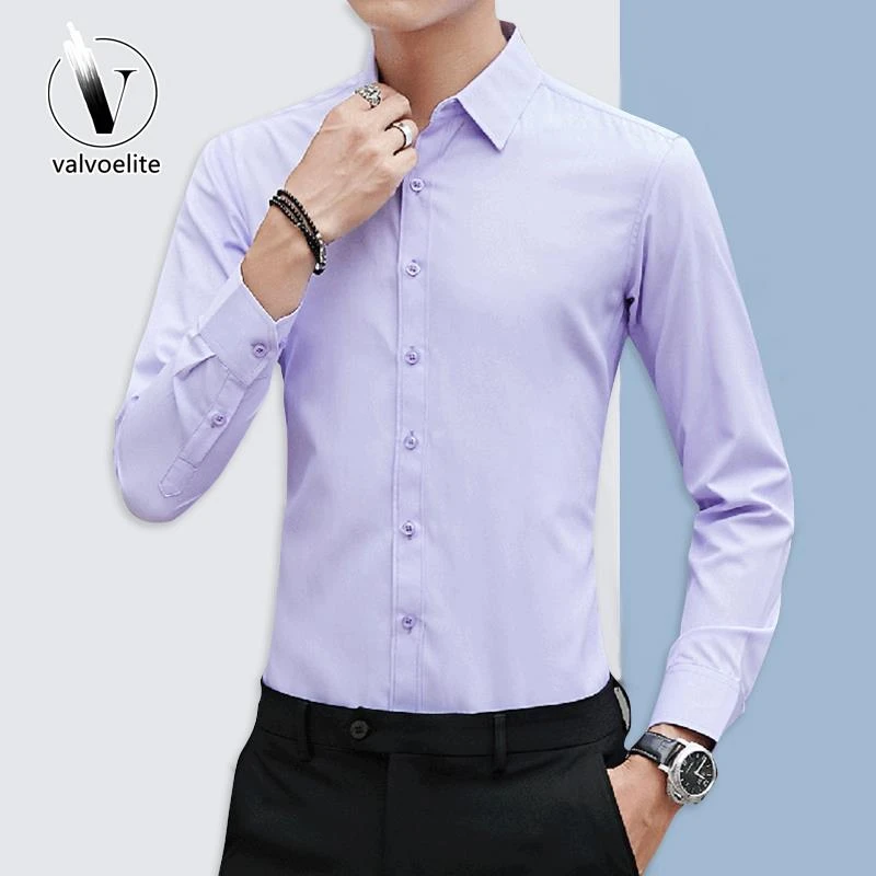 VALVOELITE淡紫色衬衫男长袖春秋季西装休闲衫衣韩版修身大码衬衣