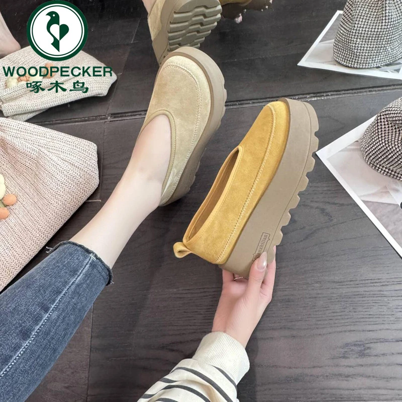 啄木鸟勃肯鞋女2025新款春季大头丑萌百搭厚底单鞋休闲圆头小白鞋