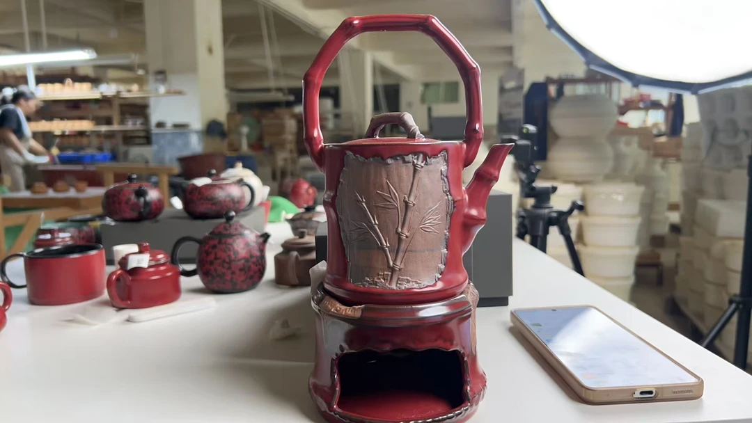 原矿老岩泥陶瓷竹节提梁加底座大容量茶壶43