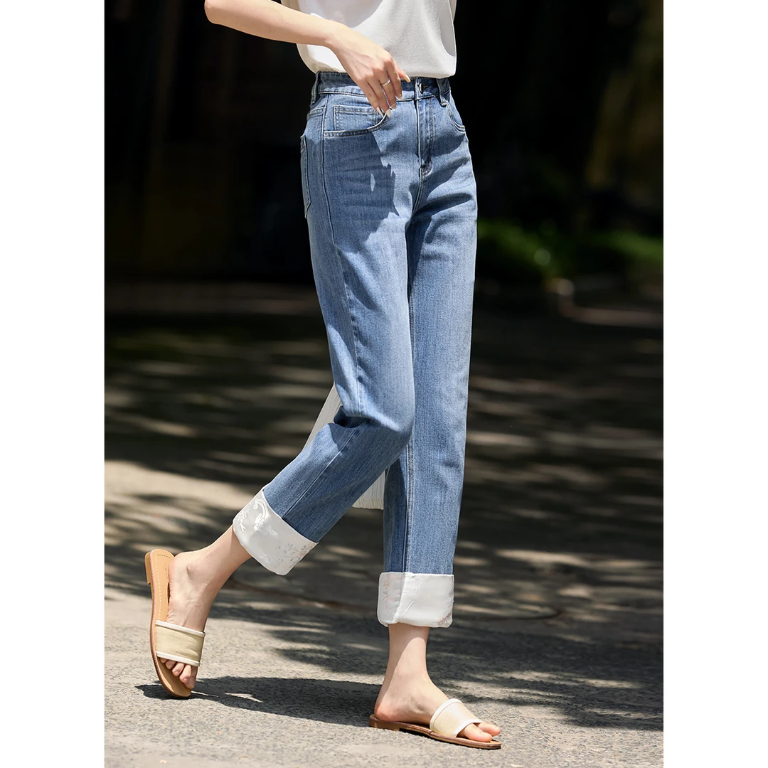 XWI/欣未2025夏季新款新中式提花拼接直筒烟管九分显瘦牛仔裤6246