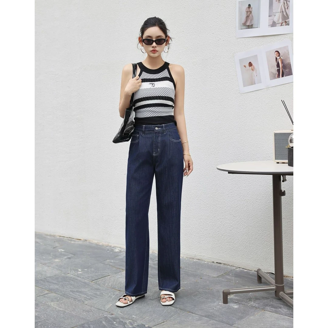 时尚新款小个子2025复古百搭高腰显瘦直筒阔腿牛仔裤女P088#0.12