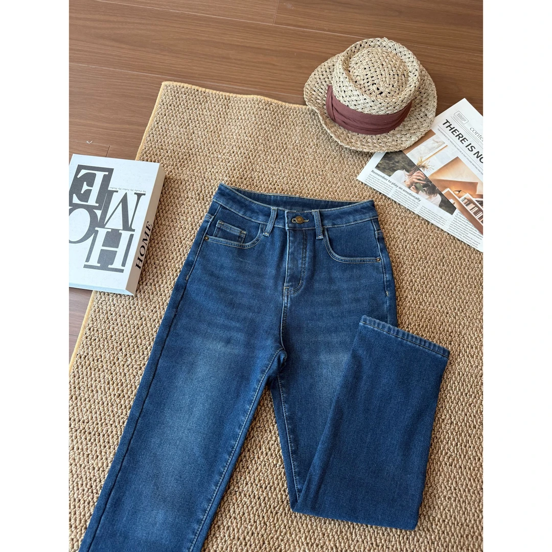 QiQi【蓝雾】2025新款加绒牛仔裤女秋冬小个子弹力九分烟管裤-1121