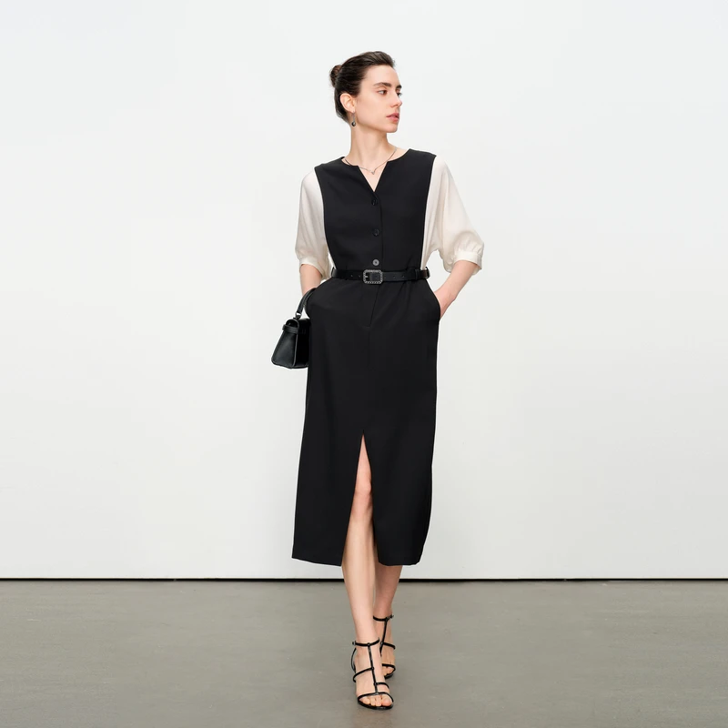 婉甸2025夏季新品黑白拼接短袖连衣裙1242N29RS3