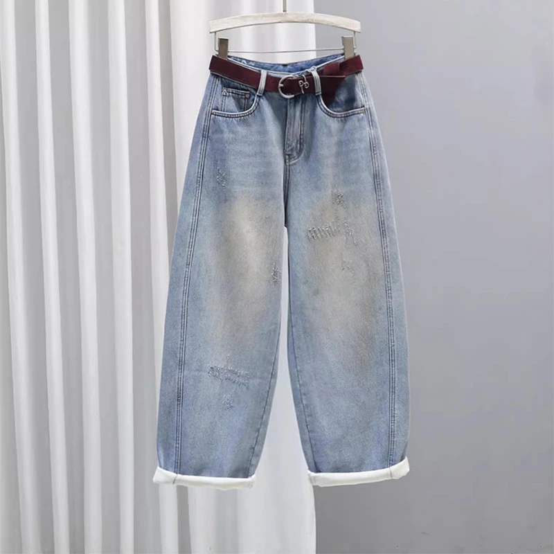 冬季加绒加厚牛仔裤女复古怀旧哈伦裤高腰宽松显瘦休闲百搭萝卜裤