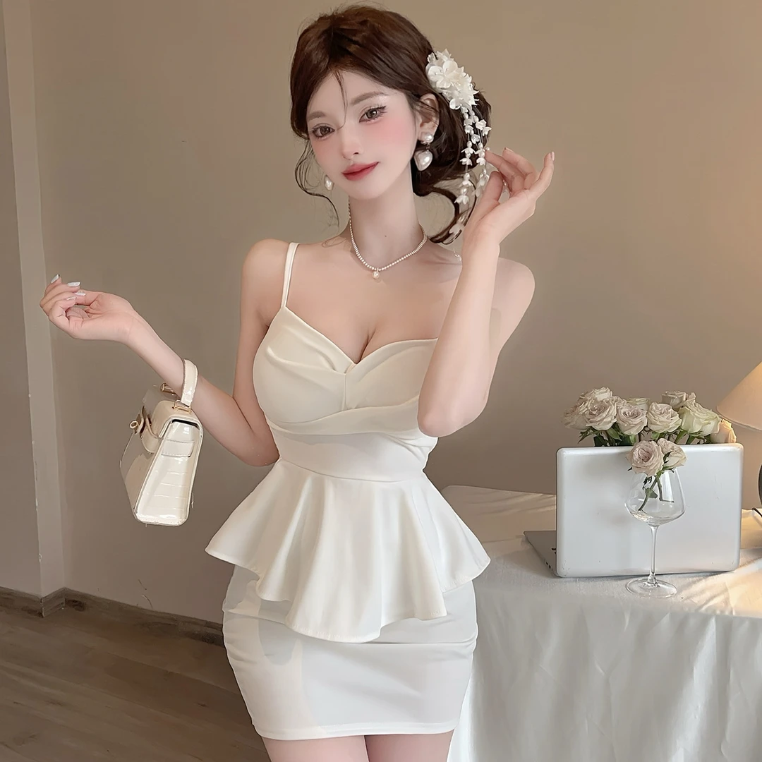 辣妹假两件吊带连衣裙女装夏高级感荷叶边礼服裙气质修身包臀短裙