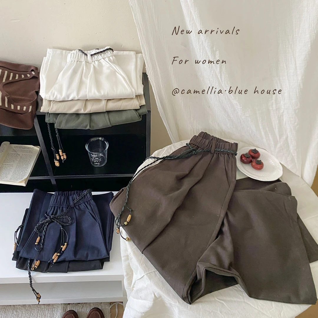 升级天丝料山本编织腰带阔腿裤女秋季高腰显瘦日韩系直筒休闲裤