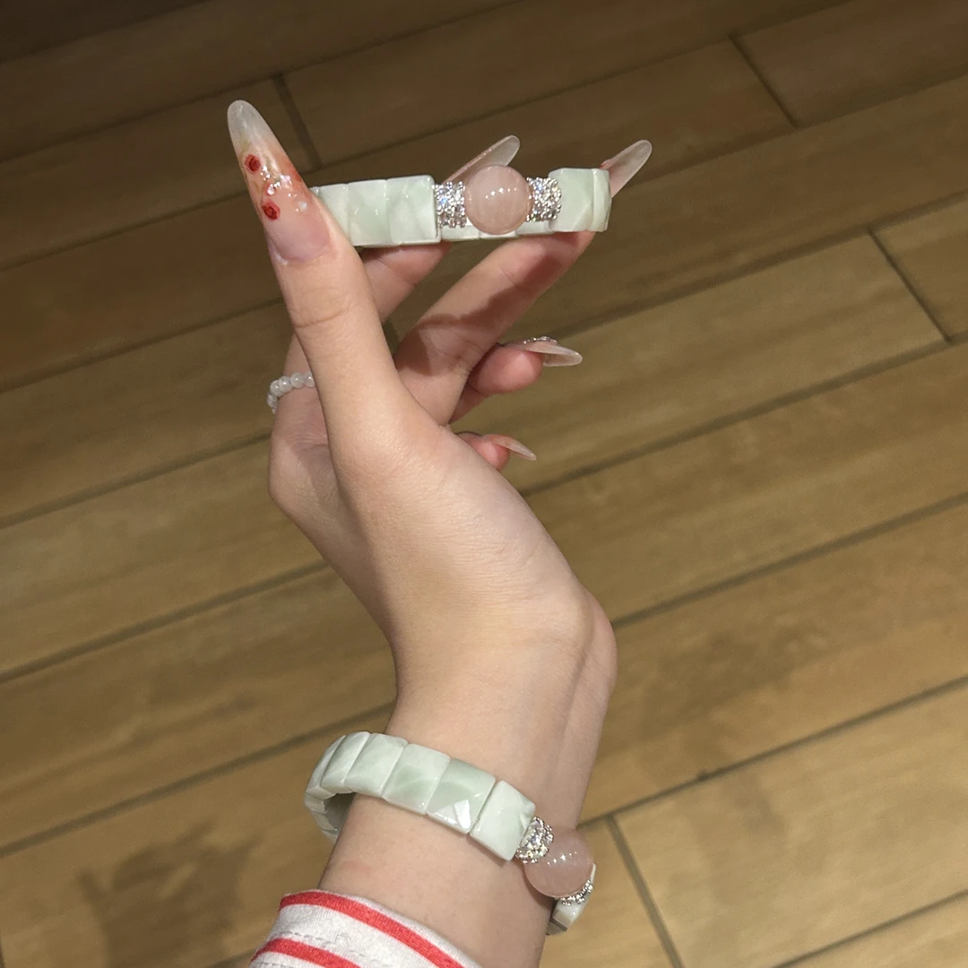 【沁茗】风铃家原创绿海纹天然粉晶手牌 默认微瑕自带共生坑矿