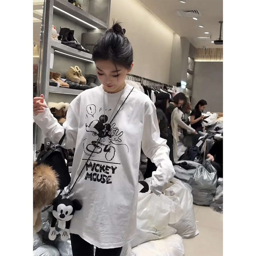 韩版卡通米奇休闲洋气长袖T恤女秋冬新款宽松时尚白色圆领上衣