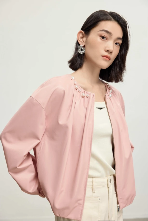 短外套钉珠女荷叶领女款女士春季长袖外套防风短款皮衣