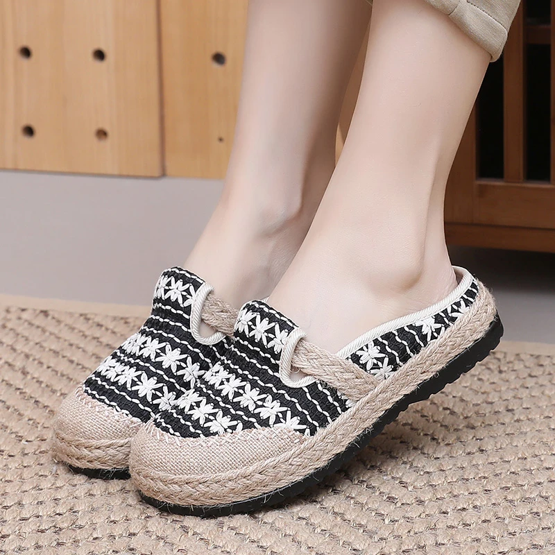 老北京布拖鞋女款夏季亚麻包头半拖鞋民族风渔夫鞋厚底软底棉麻鞋