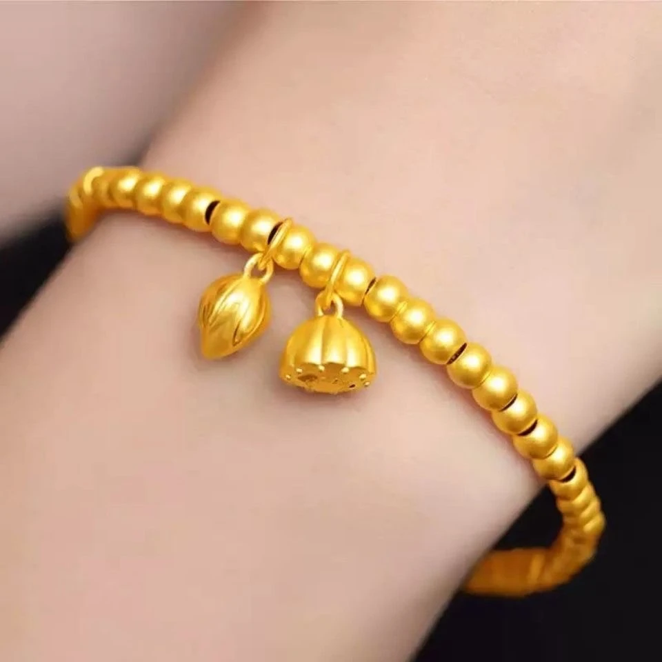 铜合金手链 古法传承两世欢手链串珠金色手饰莲蓬花手串弹力绳金