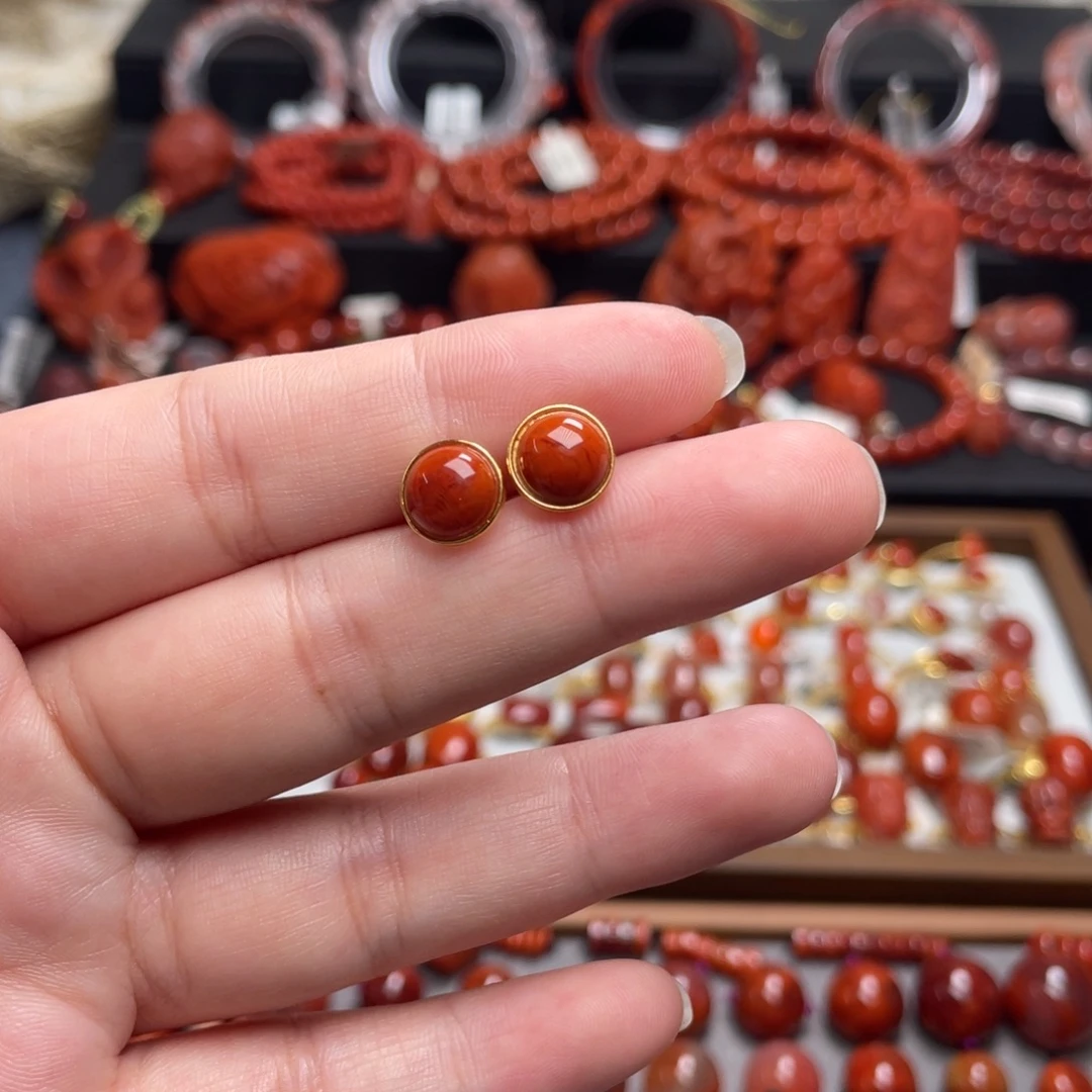 南红玛瑙银S925镶嵌福利款圆形耳钉