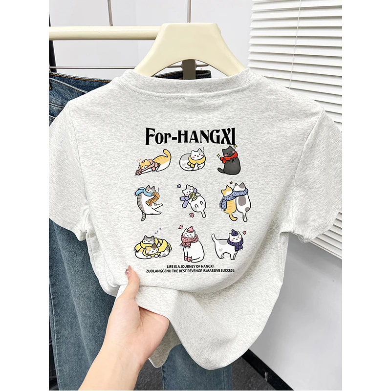 洋气小猫印花圆领正肩短袖t恤女装大码胖mm小个子显瘦穿搭上衣夏