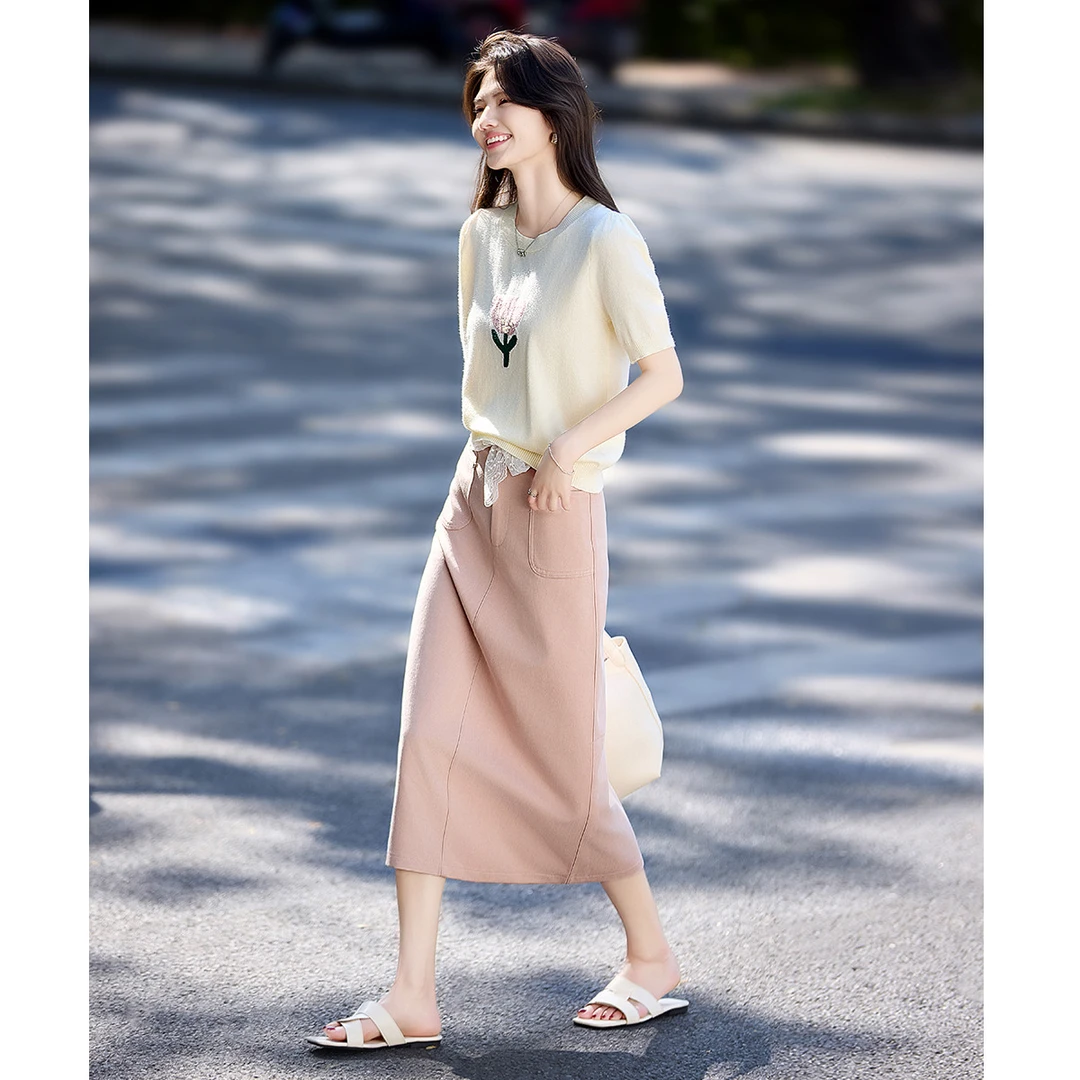 尚静少女风甜美减龄套装裙女2025夏季新款简约针织衫中腰半身裙