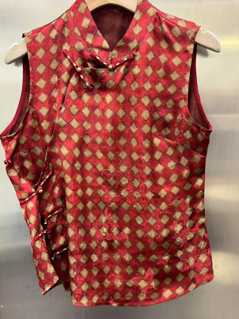 【圣一家】新中式红菱格修身无袖上衣衬衫  小众百搭斜襟盘扣上衣