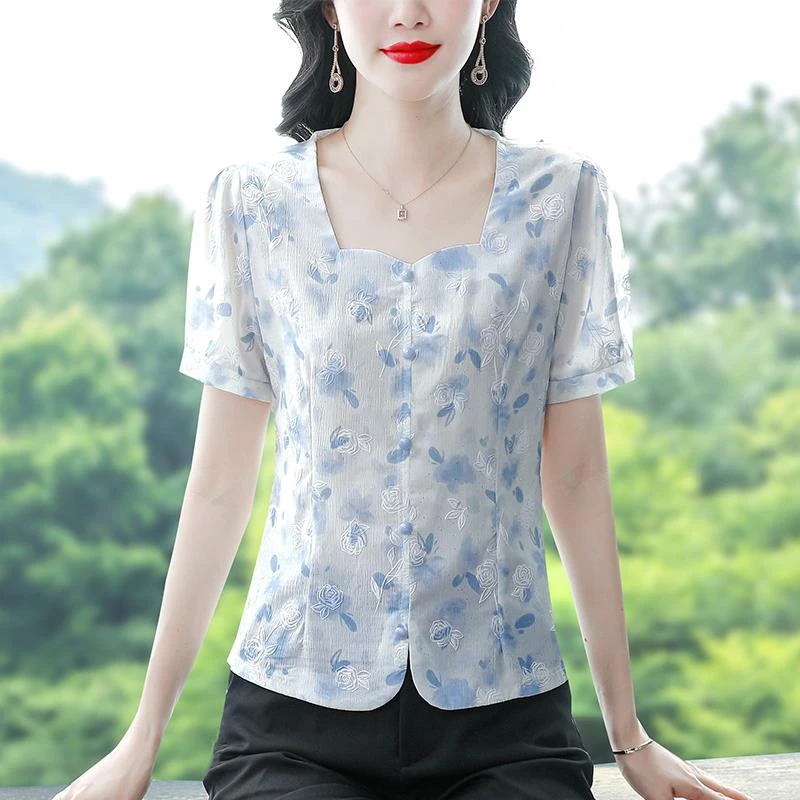 短袖雪纺衬衫女士夏季新款妈妈装方领玫瑰印花小衫洋气上衣