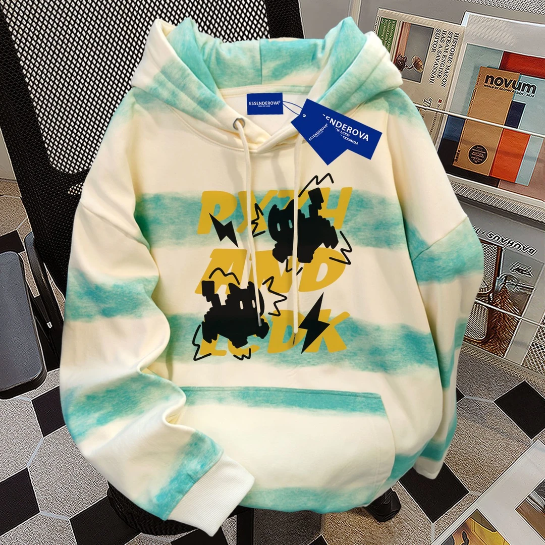 文艺复古扎染横条连帽卫衣男女秋冬季加绒加厚宽松显瘦卡通上衣