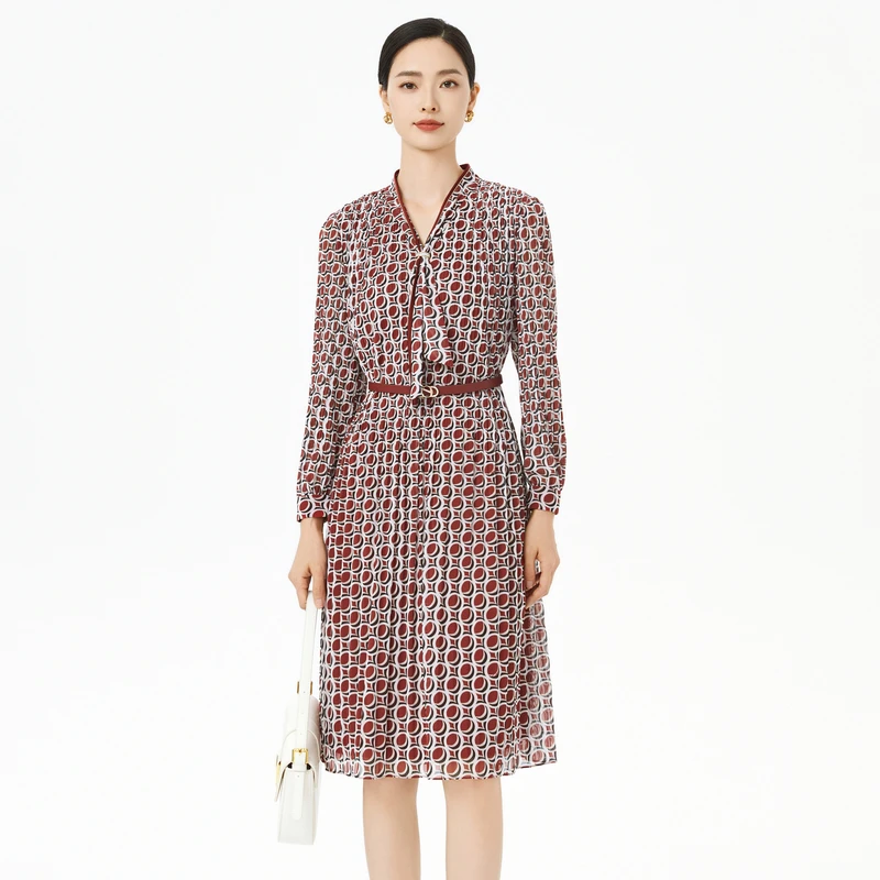 娜尔思时尚设计感气质印花连衣裙女2025秋新款（配腰带）NF09930B6