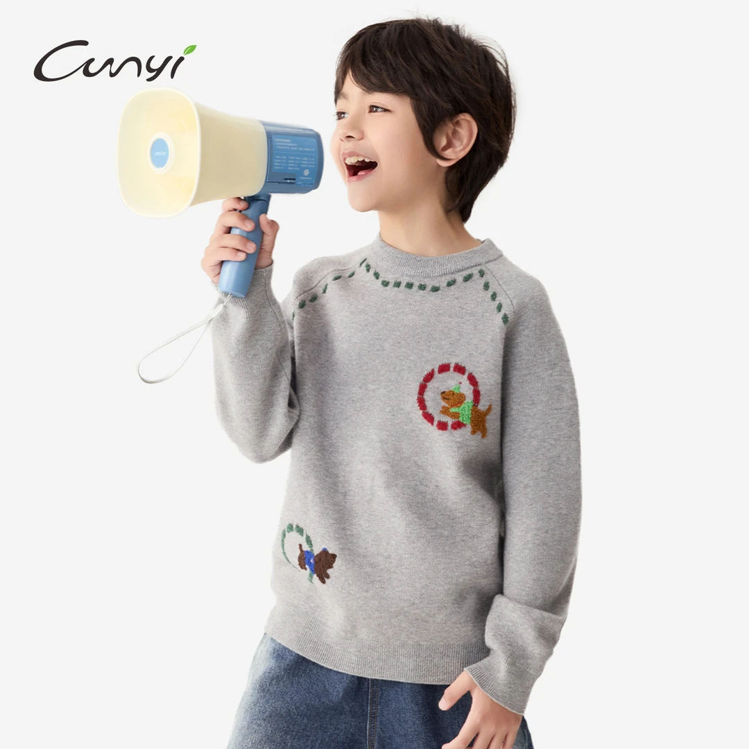 纯一良品童装儿童针织毛衣2025秋冬中大童可爱动物绣花保暖毛衫