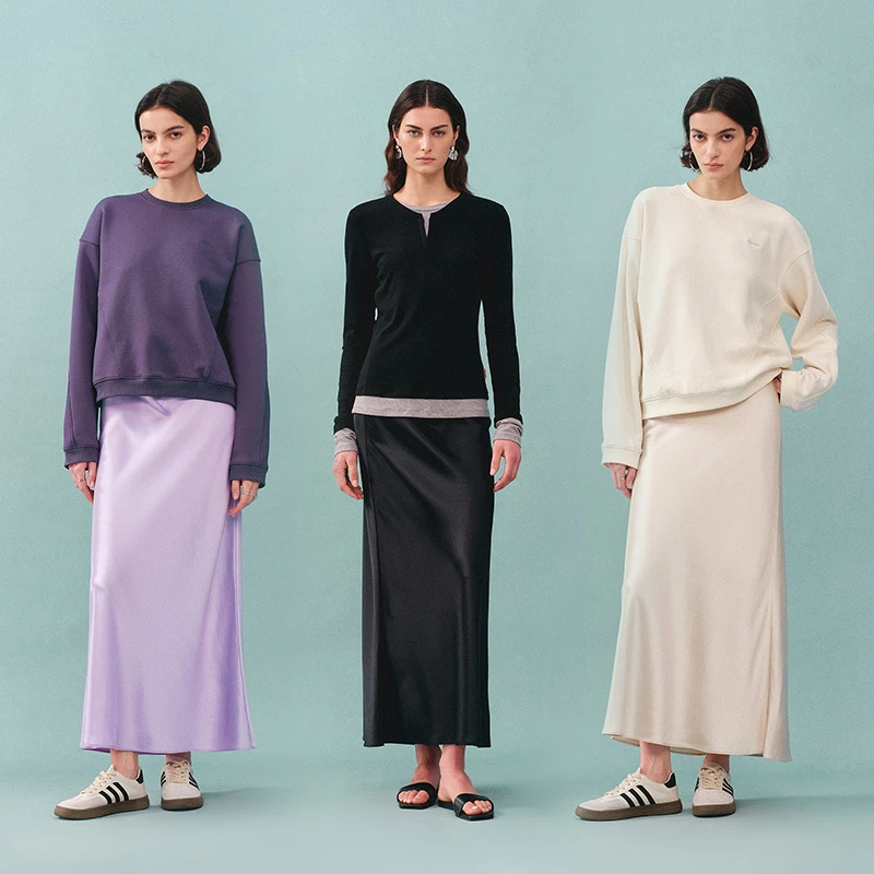 【Fabrique】 早春新款子夜黑重磅醋酸斜裁包臀鱼尾休闲百搭半裙