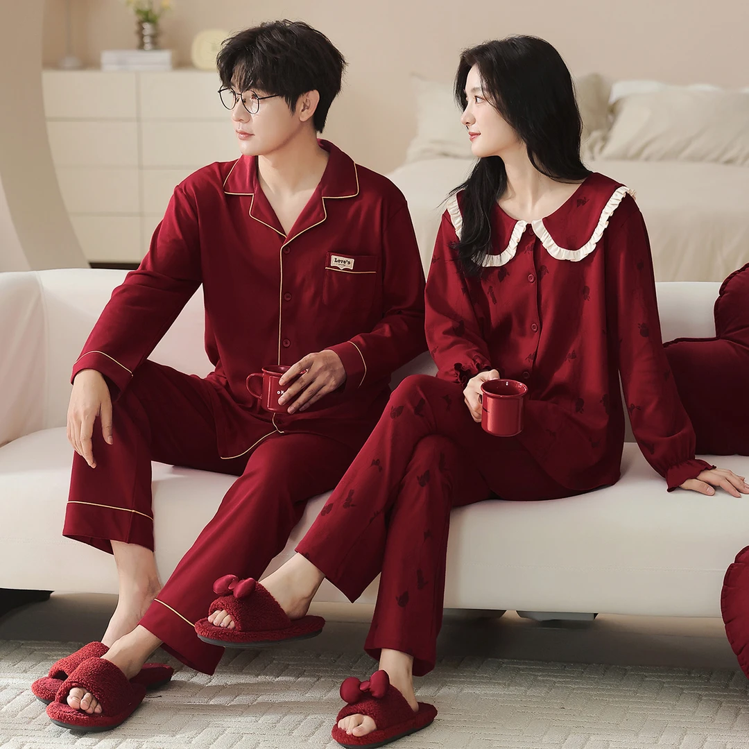 啄木鸟秋冬款长袖新婚结婚红色夫妻本命年纯棉情侣睡衣套装家居服
