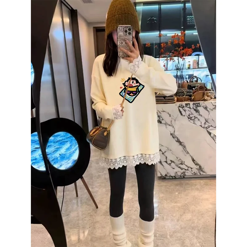 中长款蕾丝拼接双面德绒T恤女2025秋冬减龄显瘦遮屁股打底衫上衣
