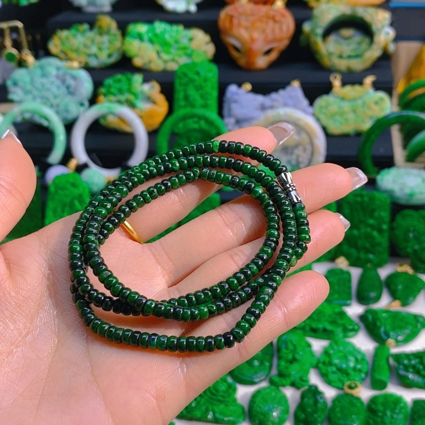 【闪购商品】翡翠颈饰未镶嵌辣绿算盘珠项链