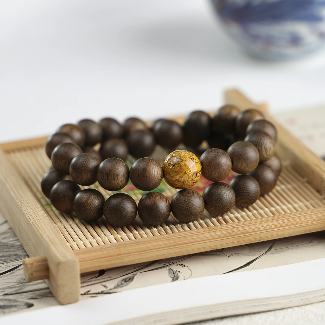 沉香L088越南芽庄玉化老料白奇楠1.0双圈手串配大漆珠款